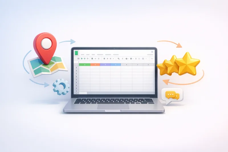 Ноутбук із таблицею, що автоматично збирає відгуки з Google Maps; поруч об’ємний пін мапи і зірки рейтингу, центрований об’єкт, м’які тіні