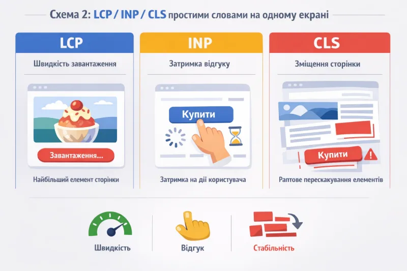 Інфографіка LCP, INP, CLS метрик