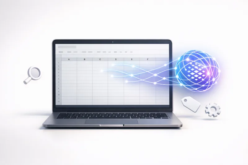 Ноутбук із таблицею та іконкою AI, що автоматично генерує SEO-теги