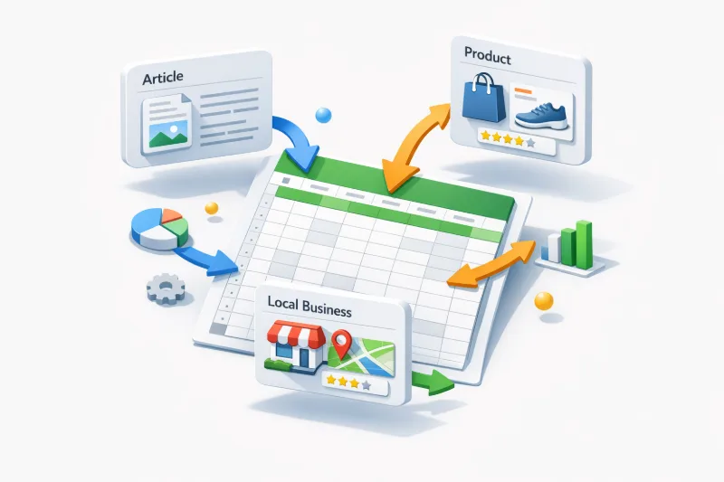 Центрований аркуш Google Sheets, що перетворює дані на блоки розмітки Schema.org; м’які тіні, світлий фон