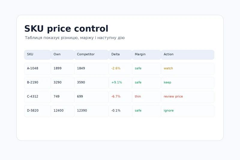 Таблиця price monitoring з SKU, own price, competitor price, delta, margin status і action