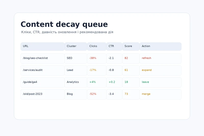 Таблиця content decay queue з кліками, CTR, score і recommended action