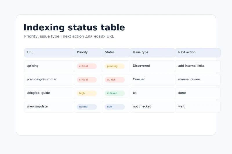 Таблиця контролю індексації нових URL з priority, status, issue type і next action