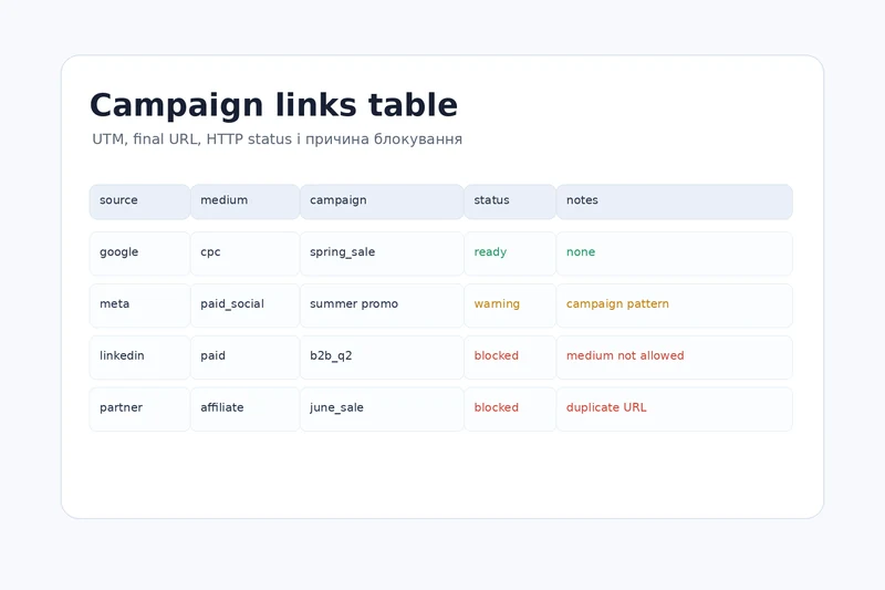Таблиця UTM validation з source, medium, campaign, final URL і статусом перевірки